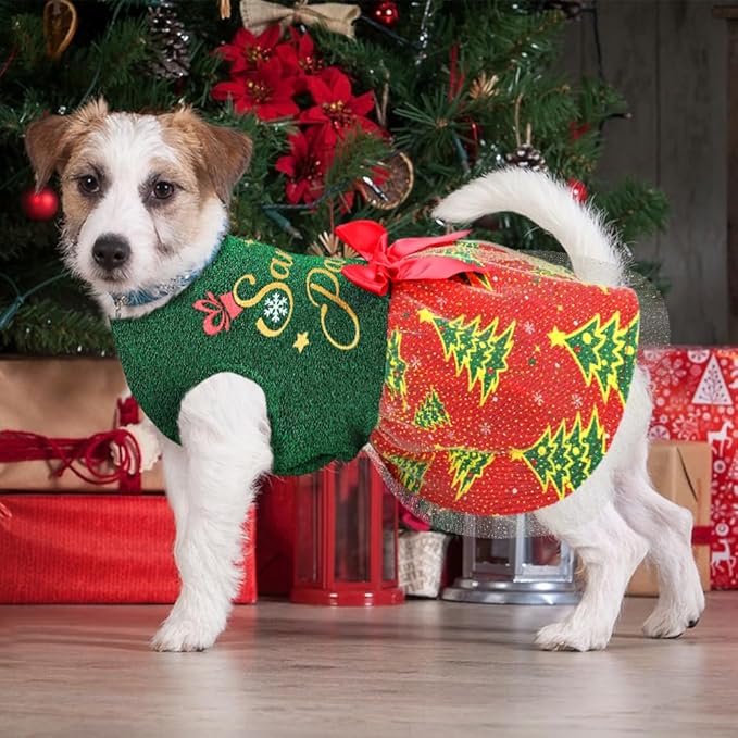 Dog Christmas Outfit Dog Dresses, Dog Christmas Costume Clothes for Dogs Funny Puppy Dress with Bow for Small Large Dogs, Pumpkin Witch Bat Pet Costume Halloween Christmas