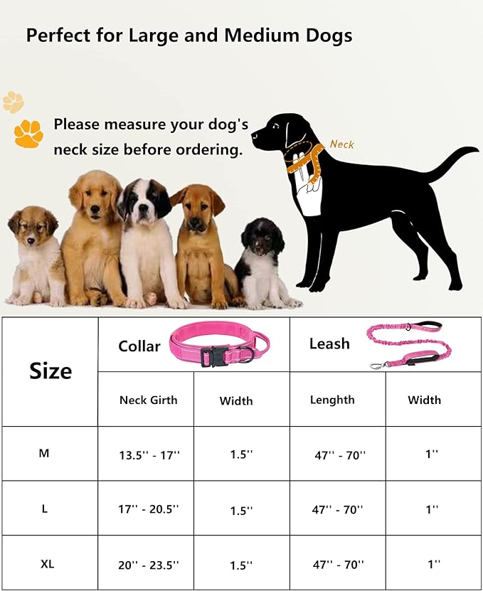 AUBELL Tactical Dog Collar and Leash Set, Adjustable Military Nylon Reflective Dog Leash and Collar with Handle and Heavy Metal Buckle for Medium Large Dogs, with Airtag Holder and 2 Patches(Pink, L)