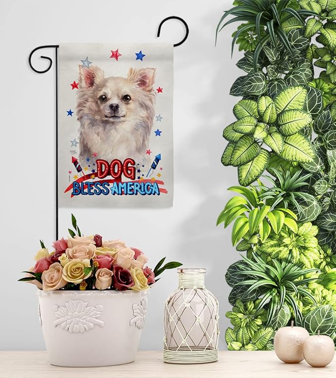 Breeze Decor Patriotic White Chihuahua Garden House Flag-Kit Dog Puppy Spoiled Paw Canine Fur Pet Nature Farm Animal Creature Decoration Banner Small Yard Gift Double-Sided, Made in USA