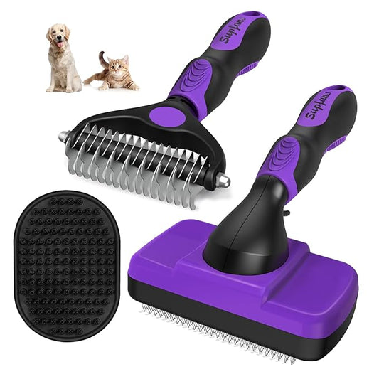 3PCS Dog Brush I Dog Brush for Shedding I Deshedding Dog Brush I Dog Bath Brush I Slicker Brush For Dogs I Dog Comb I Premium Pet Supplies (Purple Black)