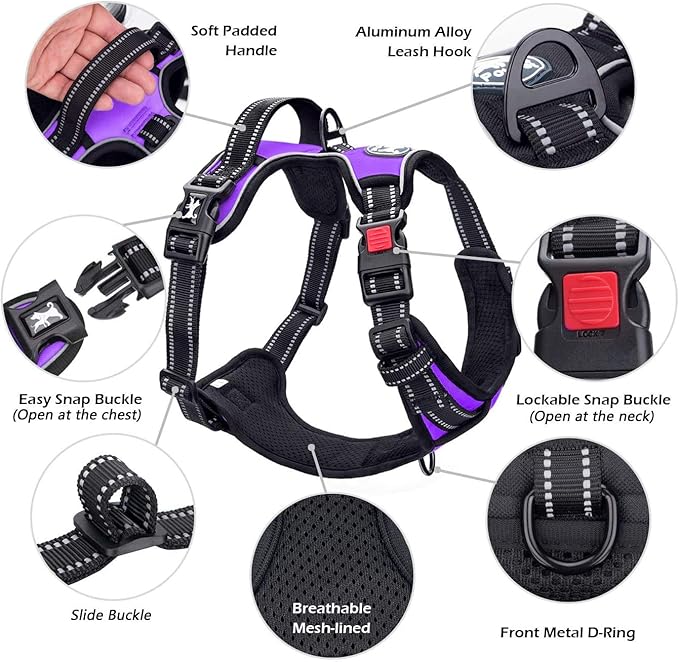PoyPet No Pull Dog Harness, No Choke Front Clip Dog Reflective Harness, Adjustable Soft Padded Pet Vest with Easy Control Handle for Small to Large Dogs(Purple,L)