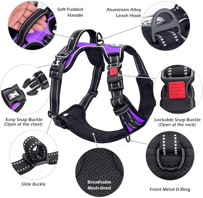 PoyPet No Pull Dog Harness, No Choke Front Lead Dog Reflective Harness, Adjustable Soft Padded Pet Vest with Easy Control Handle for Small to Large Dogs(Purple,S)