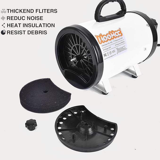 Dog Dryer, High Velocity Dog Hair Dryer, Dog Blow Dryer - Groomer Partner Pet Blower Grooming Force Dryer with Heater, Stepless Adjustable Speed, 4 Different Nozzles, Comb & Pet Grooming Glove (White)