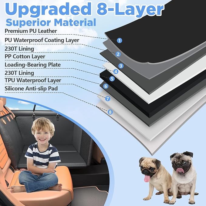Back Seat Extender for Dogs - Hard Bottom Dog Car Seat Cover for Truck Back Seat, Dog Hammock for Car, Upgraded PU Leather Material, Larger Space, Holds 400lbs