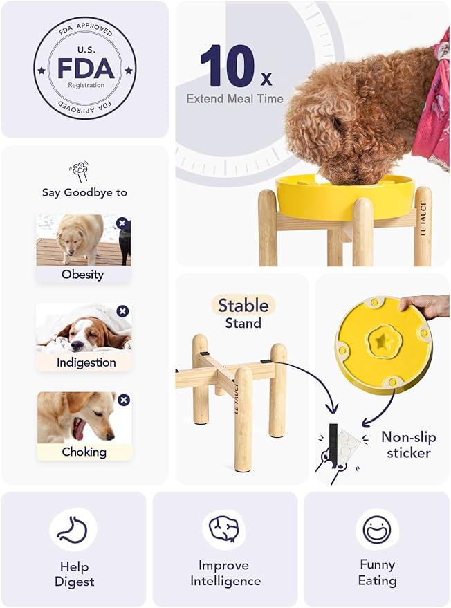 LE TAUCI Ceramic Slow Feeder Dog Bowls Elevated, 3 Cups Raised Dog Bowl with Wooden Stand for Medium Large Breed, Dog Dishes to Slow Down Eating, Puzzle Dog Food Bowl, Star Yellow