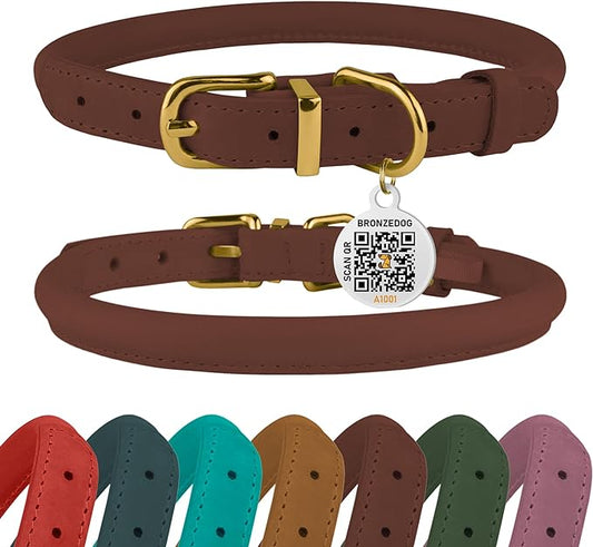 BRONZEDOG Rolled Leather Dog Collar with QR ID Tag Adjustable Soft Round Collars for Small Medium Large Dogs Puppy Cat (16" - 19" Neck Size, Cognac Brown)