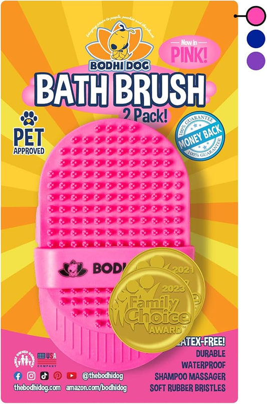 Bodhi Dog Shampoo Brush - Pet Grooming & Bath Supplies for Cats and Dog - Bath Brush for Long & Short Hair - Premium Scrubber for Shower, Bathing & Massage (Two Pack, Pink)