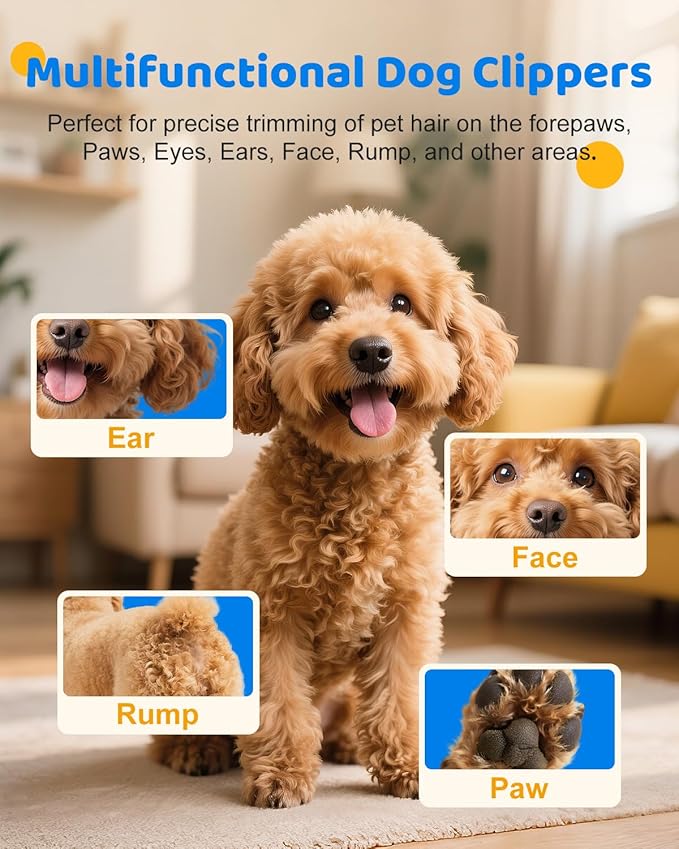 Dog Paw Trimmer with LED Light, 2025 Upgraded Safety Electric Paw Trimmer for Dogs and Cats Paw Cleaner, 35dB Low Noise Multifunctional Dog Clippers for Paws, Eyes, Ears, Face Shavers, Rump (White)