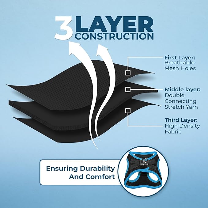 Voyager Step-in Air Dog Harness - All Weather Mesh, Reflective, No Pull Harness for Small, Medium Dogs, Cats - Secure with Hook & Loop Fastener, Buckle, Double D-Rings - Black/Blue Trim, L