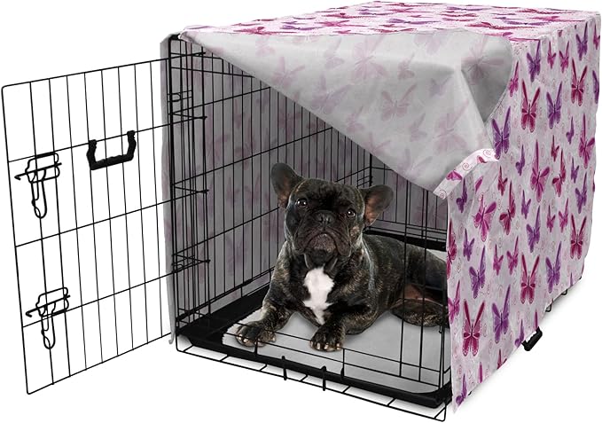 Ambesonne Purple Dog Crate Cover, Abstract Butterflies on Floral Background Feminine Romance Illustration, Easy to Use Pet Kennel Cover for Cats & Medium Dogs, 30 Inch, Maroon Purple Pale Pink