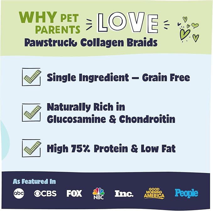 Pawstruck Natural Large 10-13” Beef Collagen Braids for Dogs - Healthy Long Lasting Alternative to Traditional Rawhide & Bully Sticks w/Chondroitin & Glucosamine - 3 Count - Packaging May Vary