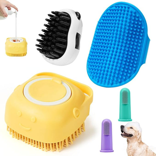 4PCS Dog Bath Brush Pet Shampoo Brush with Adjustable Ring Handle Soft Massage Dispenser Panda Shape Brush for Short Long Haired Dogs Cats Showering(Yellow)