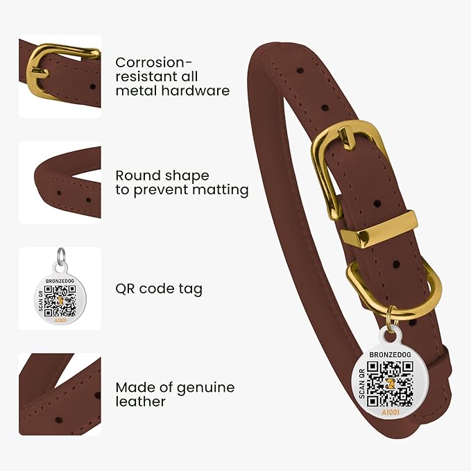 BRONZEDOG Rolled Leather Dog Collar with QR ID Tag Adjustable Soft Round Collars for Small Medium Large Dogs Puppy Cat (9" - 11" Neck Size, Cognac Brown)