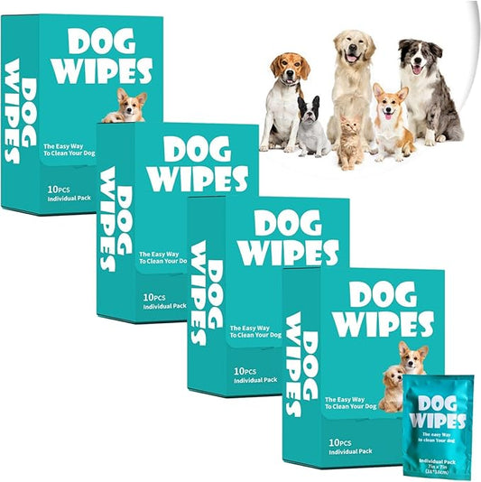 4 Pack Unscented Pet Wipes for Dogs & Cats Travel - 10 Individually Wrapped Waterless Cleaning Wipes per Box, Gentle Puppy Kitten Grooming Supplies for Outdoor, Paws & Fur Care (40 Count)