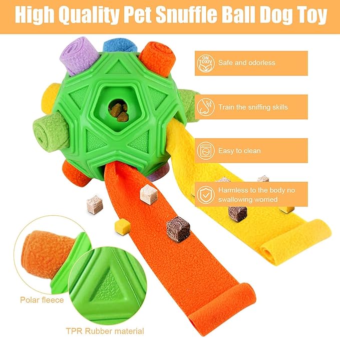 Dog Snuffle Ball-Interactive Puzzle Dog Toys Encourage Natural Foraging Skills Slow Feeder for Training and Stress Relief, Cloth Strip Hiding Food Chew Toys for Any Size Dogs with Squeaky Carrot Toy