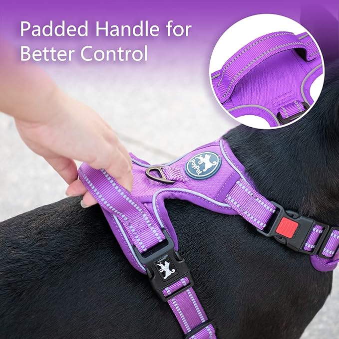 PoyPet No Pull Dog Harness, No Choke Reflective Dog Vest, Adjustable Pet Harnesses with Easy Control Padded Handle for Small Medium Large Dogs(Purple Matching Trim,L)