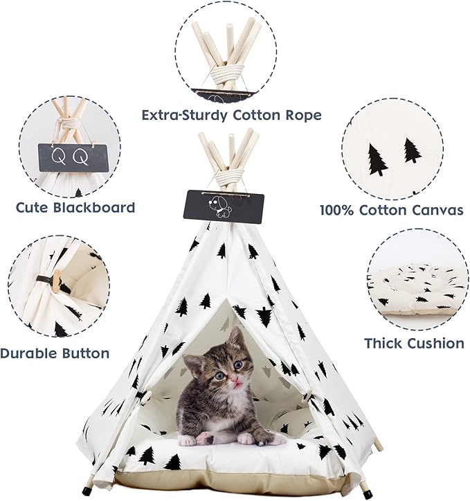 Pet Teepee with Cushion for Dogs and Cats Puppies House with Bed Pet Tent Bed Indoor Outdoor (Classic)