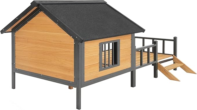 Ball & Cast 67" Outdoor Wooden Dog House with Waterproof Asphalt Roof,All-Around Iron Frame Kennel with Resting Porch for Large Dogs(71-90 lbs),Durable Yard Cabin for Pets,Honey
