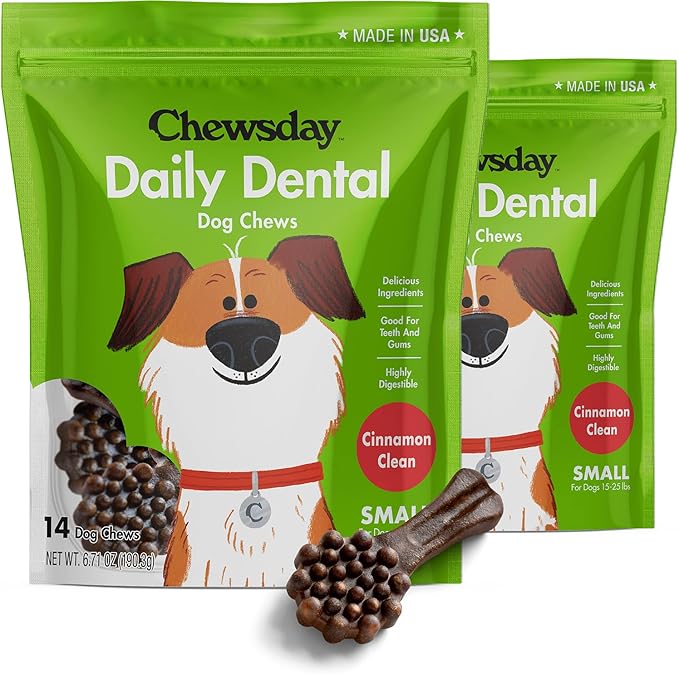 Chewsday Small Cinnamon Clean Daily Dental Dog Chews, Made in The USA, Natural Highly-Digestible Oral Health Treats for Healthy Gums and Teeth - 28 Count