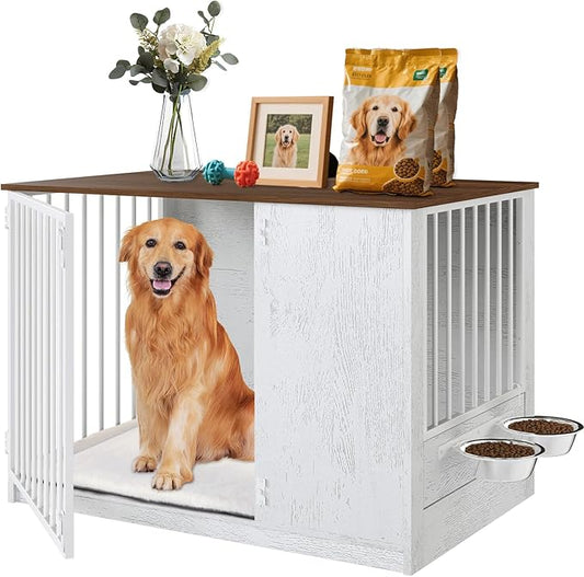 Dog Crate Furniture for Large Dogs, 36" Indoor Wooden Dog Kennel with 270° Swivel Door & 360° Rotating Feeder, Decorative Heavy Duty Dog House with Double Locks & Bowls, White