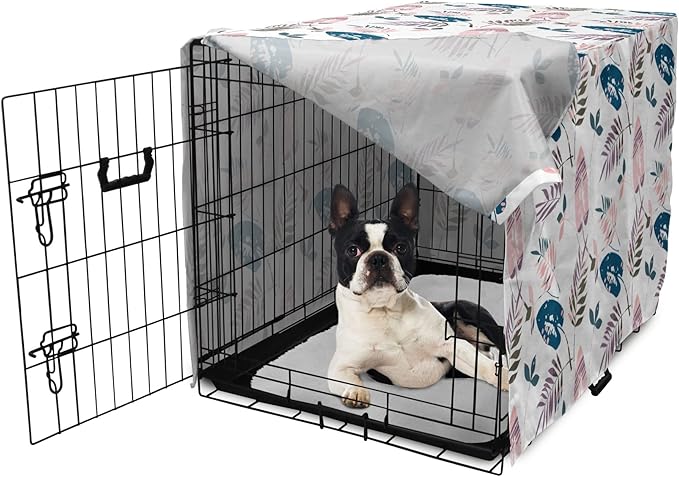 Ambesonne Leaves Dog Crate Cover, Abstract Foliage Pastel Colors Tropical Jungle Forest Plants Grunge Effect, Easy to Use Pet Kennel Cover Small Dogs Puppies Kittens, 22 Inch, Petrol Blue Baby Pink