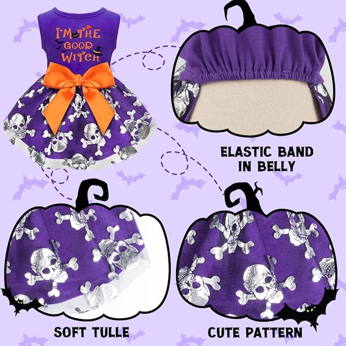 Funny Puppy Dress with Bow - Small/Large Dog Halloween Costume - Pumpkin Witch Bat Pet Dress (Small, Good Witch2)