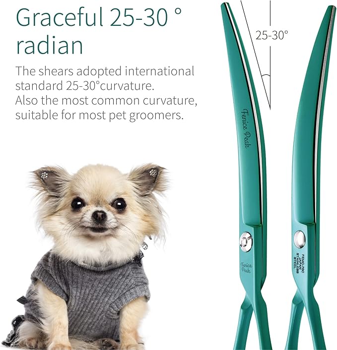 Fenice Peak Curved Dog Grooming Scissors with Cyan Color Coating 440C Stainless Steel Pet Grooming Bending Shears Sharp and Durable Comfortable Engonomic Handle