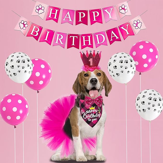 Dog Birthday Bandana Girl Dogs Birthday Party Supplies with Red Tutu Crown Scarf Numbers Red Bowtie Tutu Skirt Paw Balloons for Girl Dog Birthdays Decorations Supplies