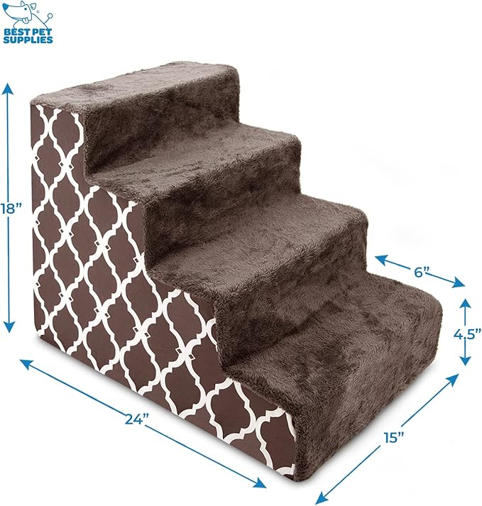 Best Pet Supplies Foam Pet Steps for Small Dogs and Cats, Portable Ramp Stairs for Couch, Sofa, and High Bed Climbing, Non-Slip Balanced Indoor Step Support, Paw Safe - Brown Lattice Print, 4-Step