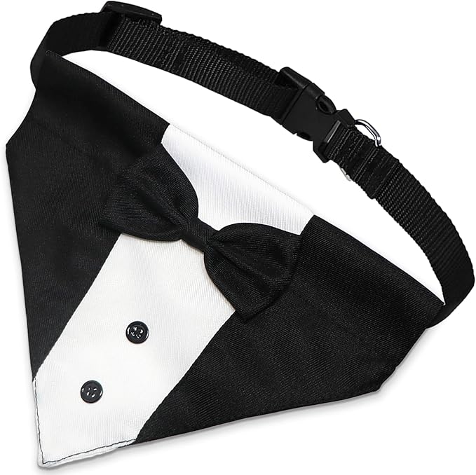 Dog Tuxedo Suit Wedding Bandana Collar with Bow Tie, Adjustable Formal Dog Tux, Engagement Birthday Tuxedo for Small Medium Large Dogs Pets (Large: Neck 15”-25”)