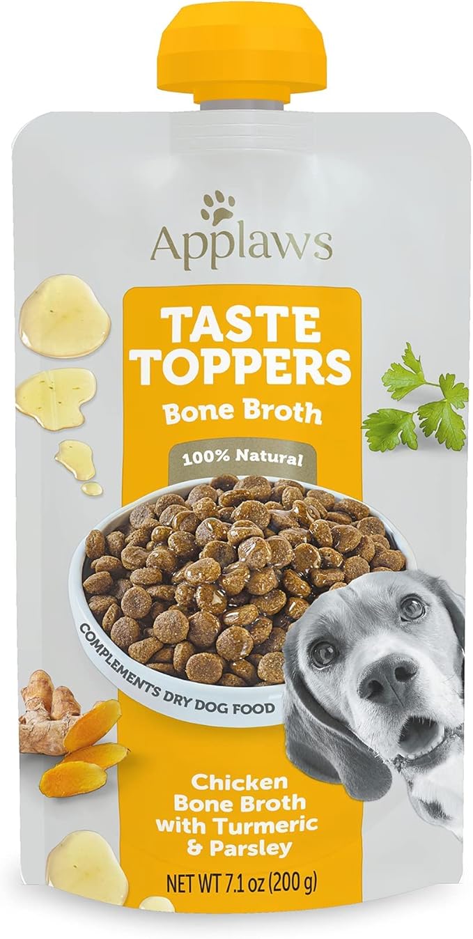 Applaws Taste Toppers, Bone Broth for Dogs, Natural Dog Food Topper, 6 Count, Limited Ingredient, Grain Free, Meal Topper for Dogs, Chicken Bone Broth with Turmeric & Parsley, 7.10fl oz Pouches