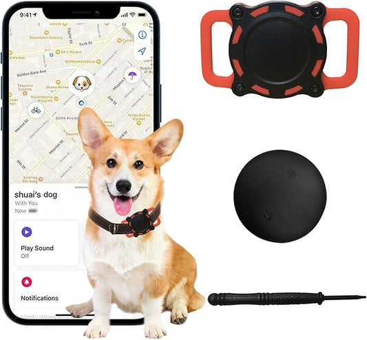 Dog Tracker, Pet Location Tracker with Collar Holder for Dogs, Item Finder MFi Certified Tracking Device, No Monthly Fee, Works with iOS Find My, Personalized Dog Location Tracker (Black and Red)