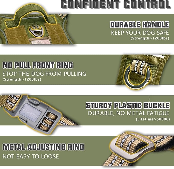 Auroth Tactical Dog Harness for Small Medium Large Dogs No Pull Adjustable Pet Harness Reflective K9 Working Training Easy Control Pet Vest Military Service Dog Harnesses S, Green