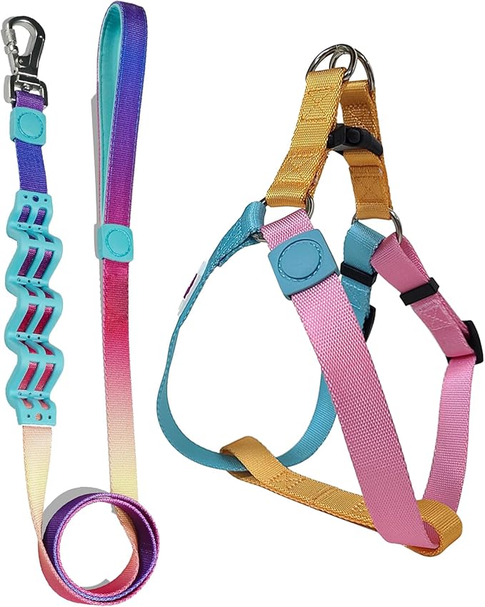 Tri-Color Dog Harness and Purple Pink Gradient Shock Absorbing Dog Leash Set,Step-in Freedom Dog Vest Harness,Strong Padded Handle to Help Stop Pulling for Small Dog Walking and Traning