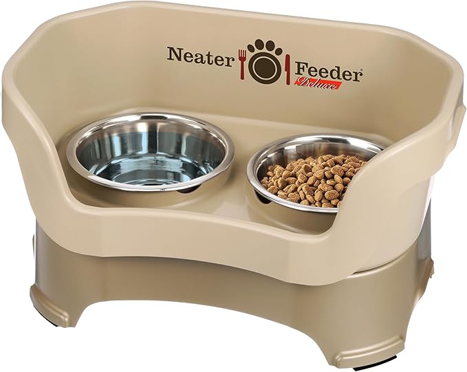 Neater Feeder Deluxe Mess Proof Dog Bowls Elevated Medium Sized Dog Breed – Made in USA – No Spill Raised Dog Food Bowl Stand – Stainless Steel Food and Water Bowl Set, Pet Feeding Station, Cappuccino