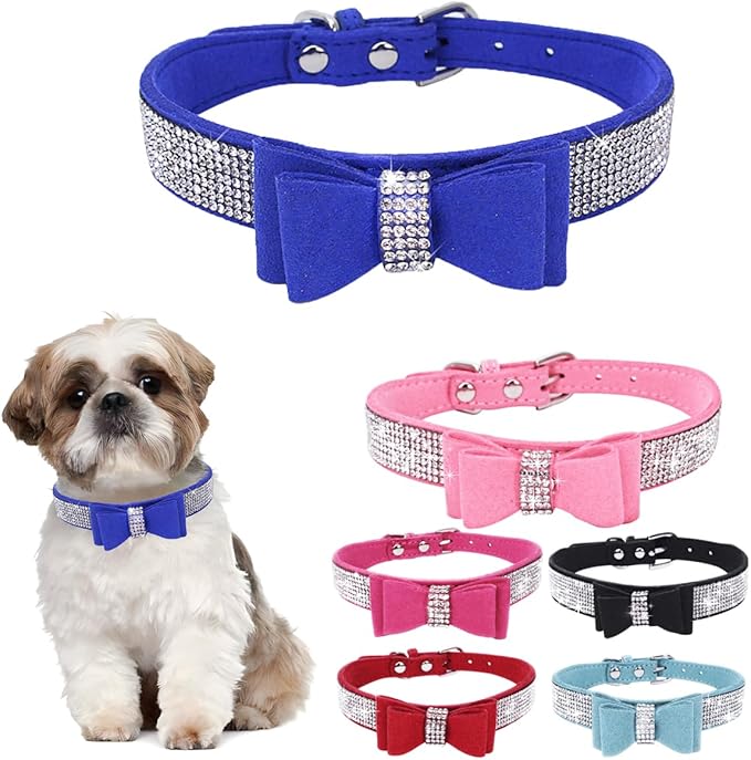 Blue Large Dog Collar Girl, Rhinestone Dog Collar with Bow tie, Female Cat Collars Crystal Jeweled Bling Sparkling Glitter for Small Medium Large Dogs,XL