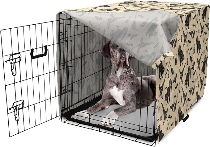 Lunarable Halloween Dog Crate Cover, Sketch Drawn Bat Cat Spider Witch Hat and Broom Pattern, Easy to Use Pet Kennel Cover for Medium Large Dogs, 48 Inch, Grey Beige Charcoal