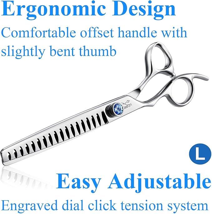 JASON Left Handed 7" 18-Tooth Texturising Dog Grooming Chunkers Scissor, Ergonomic Cats Grooming Shears Pets Trimming Kit with Offset Handle, Sharp, Comfortable Shear