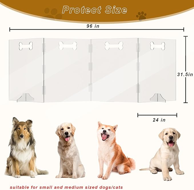 Clear Acrylic Dog Gate, 4 Panel 96" W x 31.5" H, Transparent Freestanding Pet Playpen Indoor, Foldable Pet Fence Barrier for Doorway with Handle/Support Feet