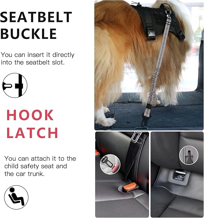 AUBELL Dog Seat Belt, Updated 3-in-1 Pet Car Seat Belt for Dogs, Bungee Dog Car Tether with Clip Hook Latch & Buckle, Heavy Duty Dog Car Harness with Swivel Aluminum Carabiner,Black+Grey