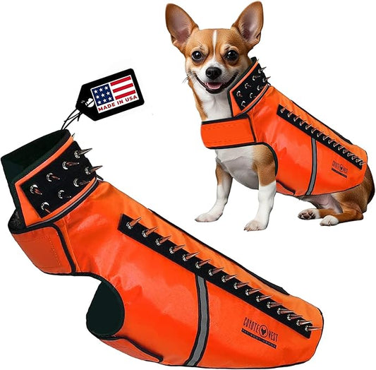 CoyoteVest SpikeVest Dog Harness Vest for Small Dogs, Reflective Dog Vest with Spikes to Shield Your pet from Coyotes, Raptor and Animal Attacks, Anti Hawk Vest, Made in USA (L-Fluorescent Orange)