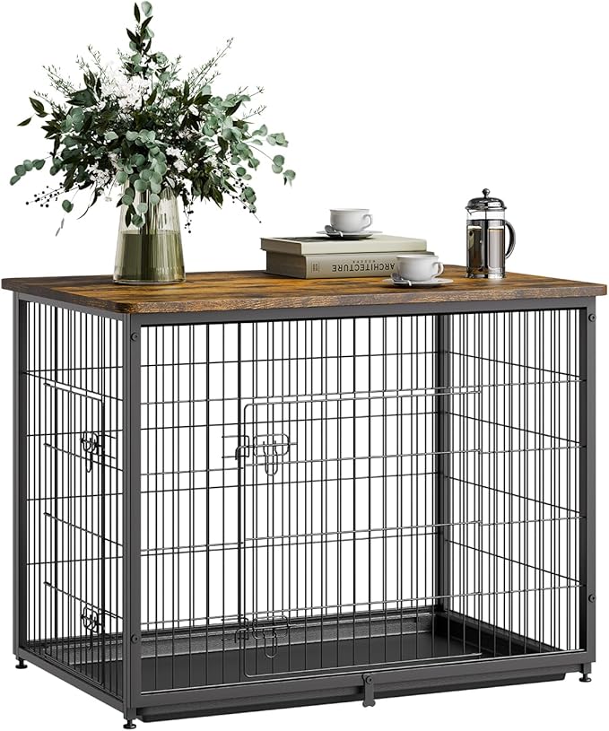 VEVOR 44in Dog Furniture Kennel - Decorative Wooden Dog Crate with Removable Tray, Double Doors, End Table for Small to Large Dogs