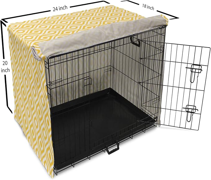 Lunarable Yellow Dog Crate Cover, Geometric Pattern with Ogee Shapes Waves and Curves Design Modern Boho Print, Easy to Use Pet Kennel Cover for Cats & Medium Dogs, 24 Inch, Yellow and White