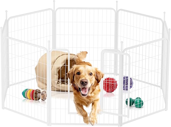 Dog Playpen 32 Inch 8 Panels, Heavy Duty Metal Pet Playpen Indoor Outdoor for Camping, Yard, RV, Garden Fence, Privacy Patio, White