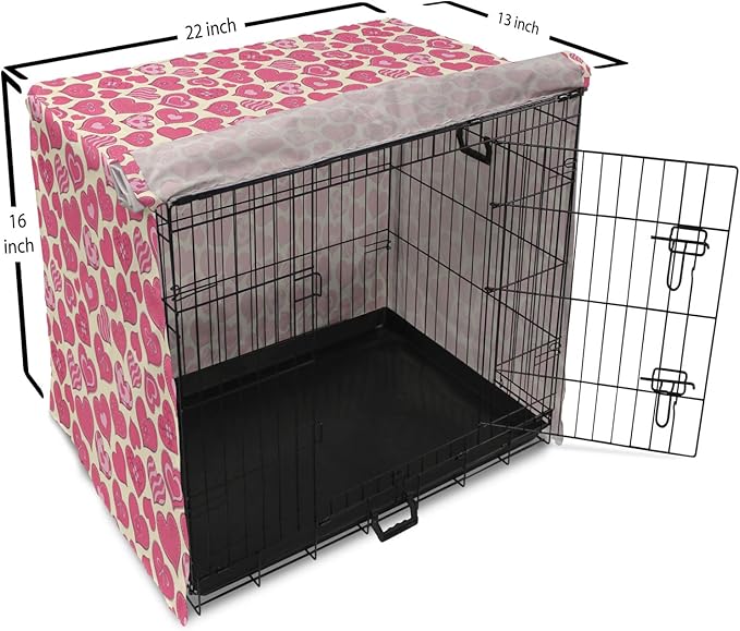 Lunarable Hearts Dog Crate Cover, Valentines Day Inspired Heart Designs with Various Styles Curved Lines Flowers Bows, Easy to Use Pet Kennel Cover for Small Dogs Puppies Kittens, 22 Inch, Cream Pink