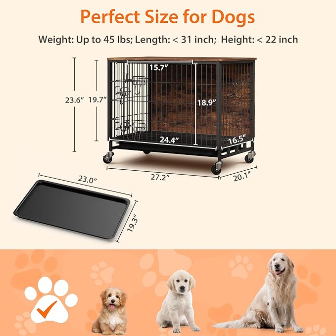 Dog Crate Furniture, 27.2L Indoor Kennel with Double Doors, Sturdy Dog Cage with Easy Assembly, Wheels & Removable Tray, Rustic Brown