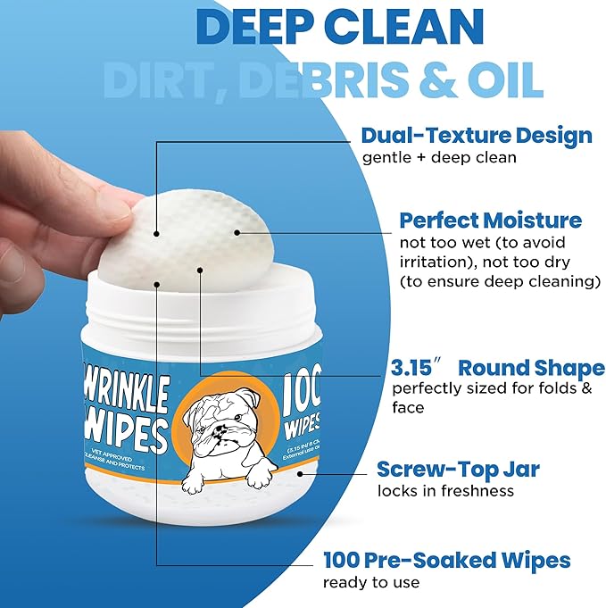 Bulldog Wrinkle Wipes & Cream Combo – Dual‑Texture Dog Face Wipes & Soothing Wrinkle Paste – 100 Wipes + 85 g Cream
