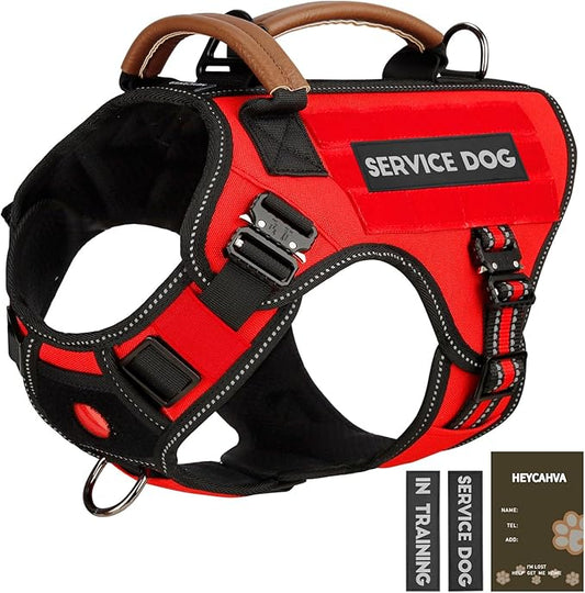 Service Dog Vest - HEYCAHVA Tactical Dog Harness Full Metal Buckles Dog Vest for Large Medium Dog Reflective No Pull Dog Harnesses Vest with Leather Handle, Hook & Loop for Hiking Training (Red, XL)