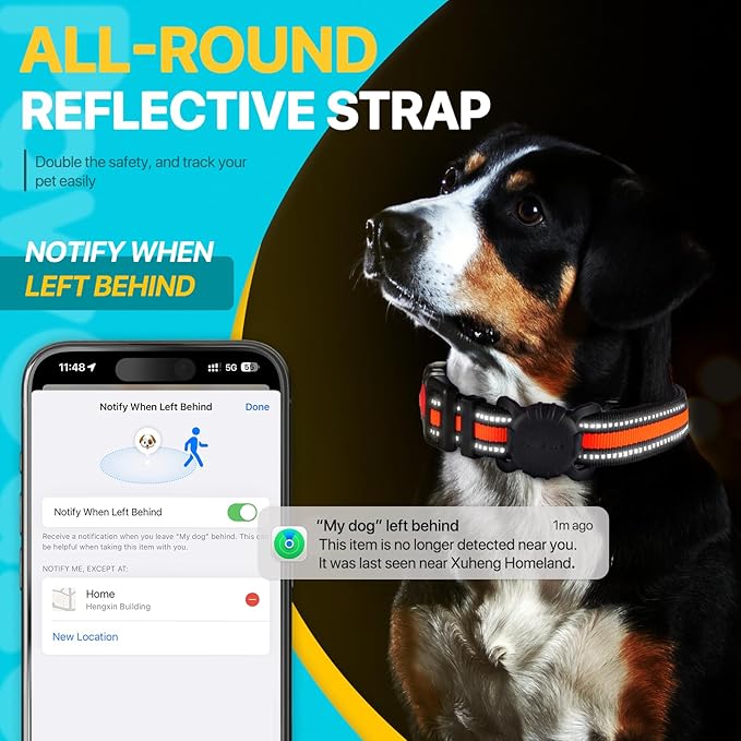 Dog Tracker Collar, No Monthly Fee Cat Tracker Collar(Only iOS), Compatible with Apple FindMy App, Reflective FinderTag Smart Collars, Anti-Lost, Key Finder for Pets/Items（NOT GPS）