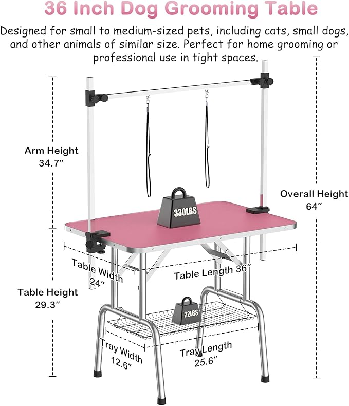 APRILSOUL 36 Inch Pet Grooming Table for Small Dogs,Adjustable Height,Foldable,Anti-Slip Surface,with Arms, Nooses, Mesh Tray